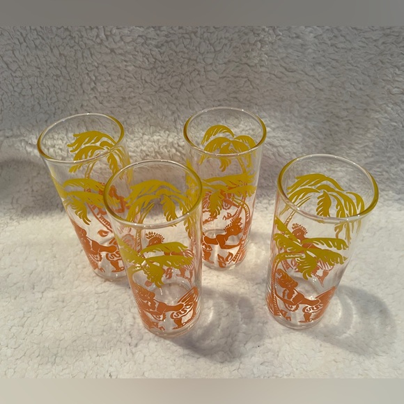 Federal Glass Native Palm Tree Kiss 4 Pc Vintage 6" Highball Tumblers 1950s - Picture 6 of 12